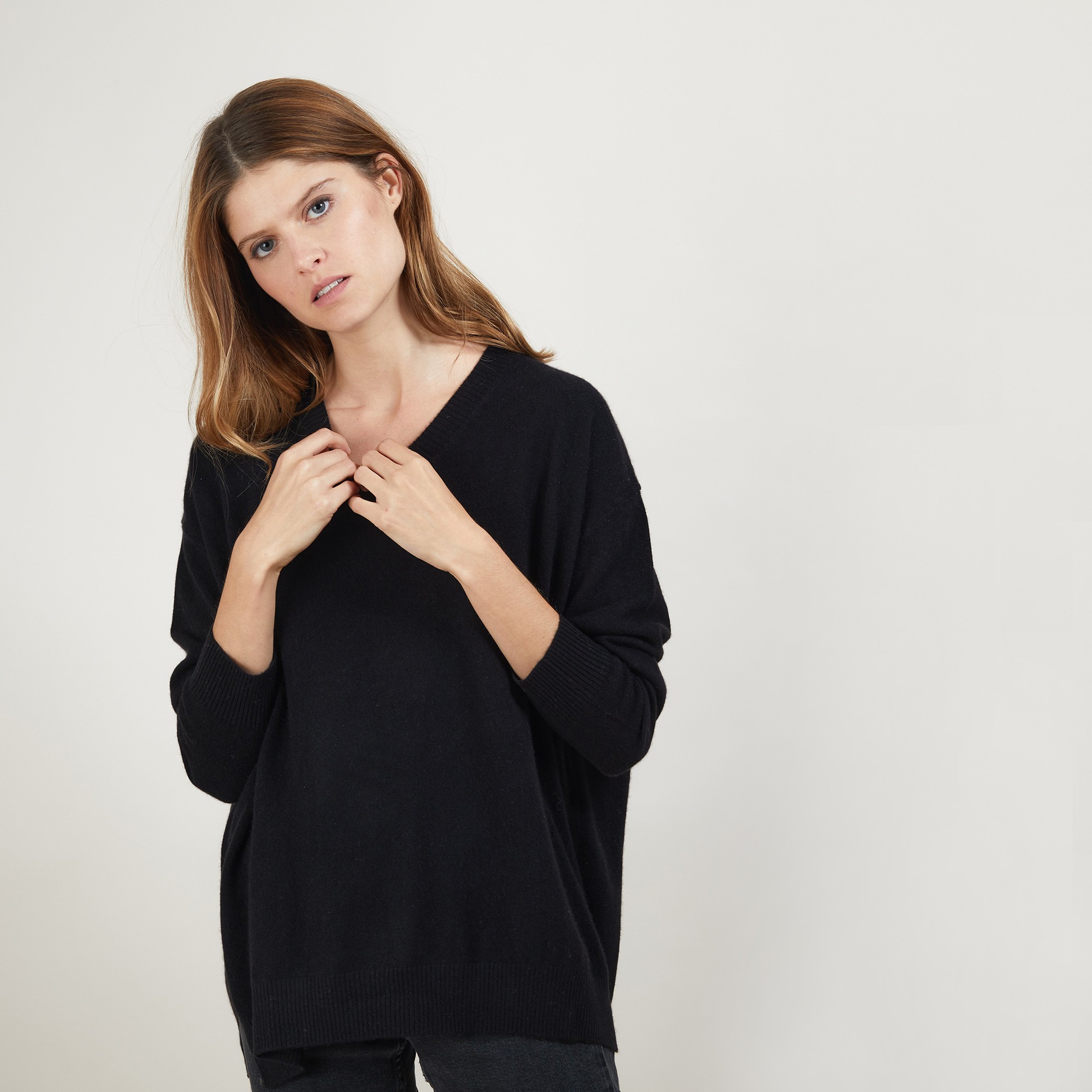 Pull en cachemire col V avec fentes - Brendao 7011 ombre - 10 Gris foncé
