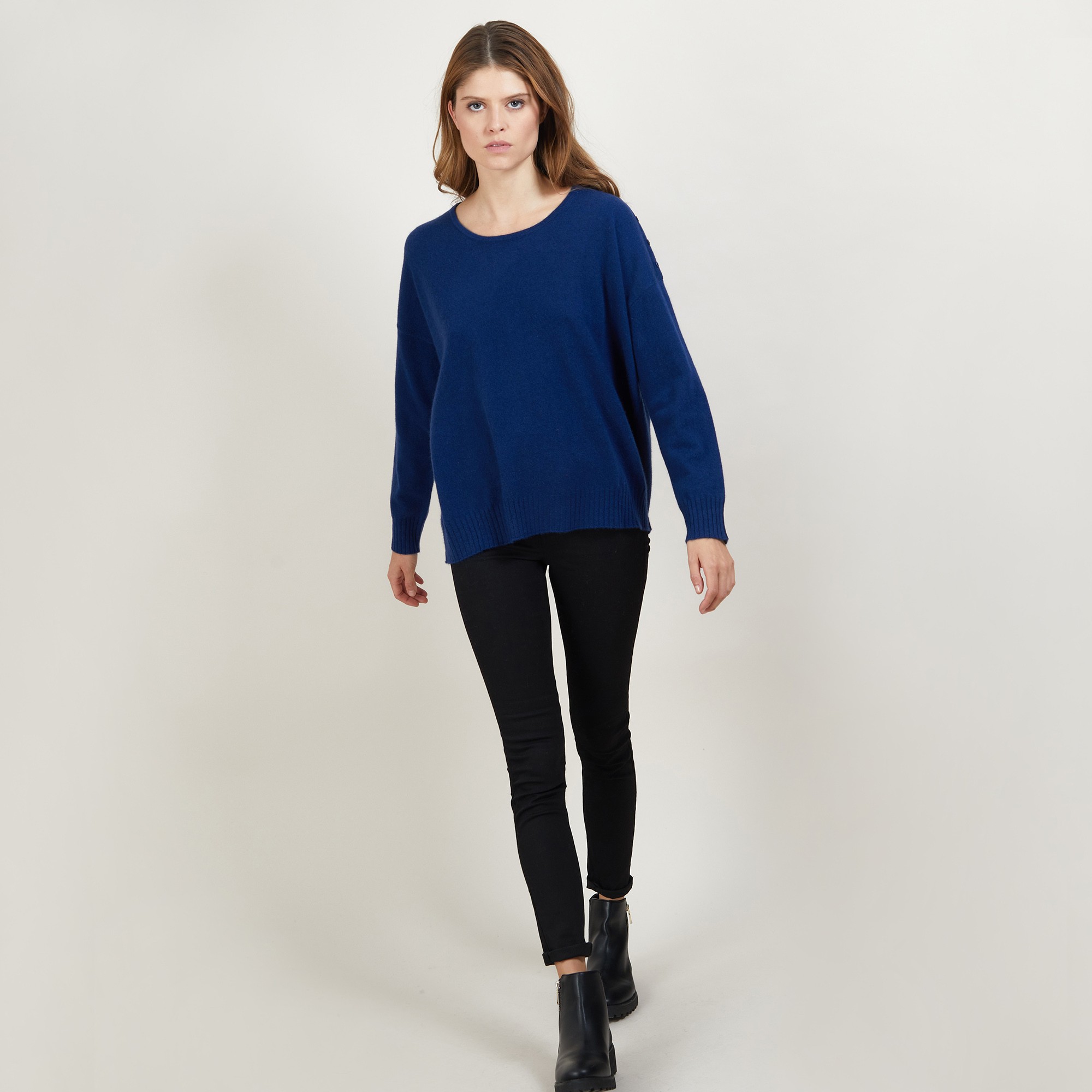 Pull ample en cachemire boutons épaule - Brook 7042 fregate - 03 Bleu foncé