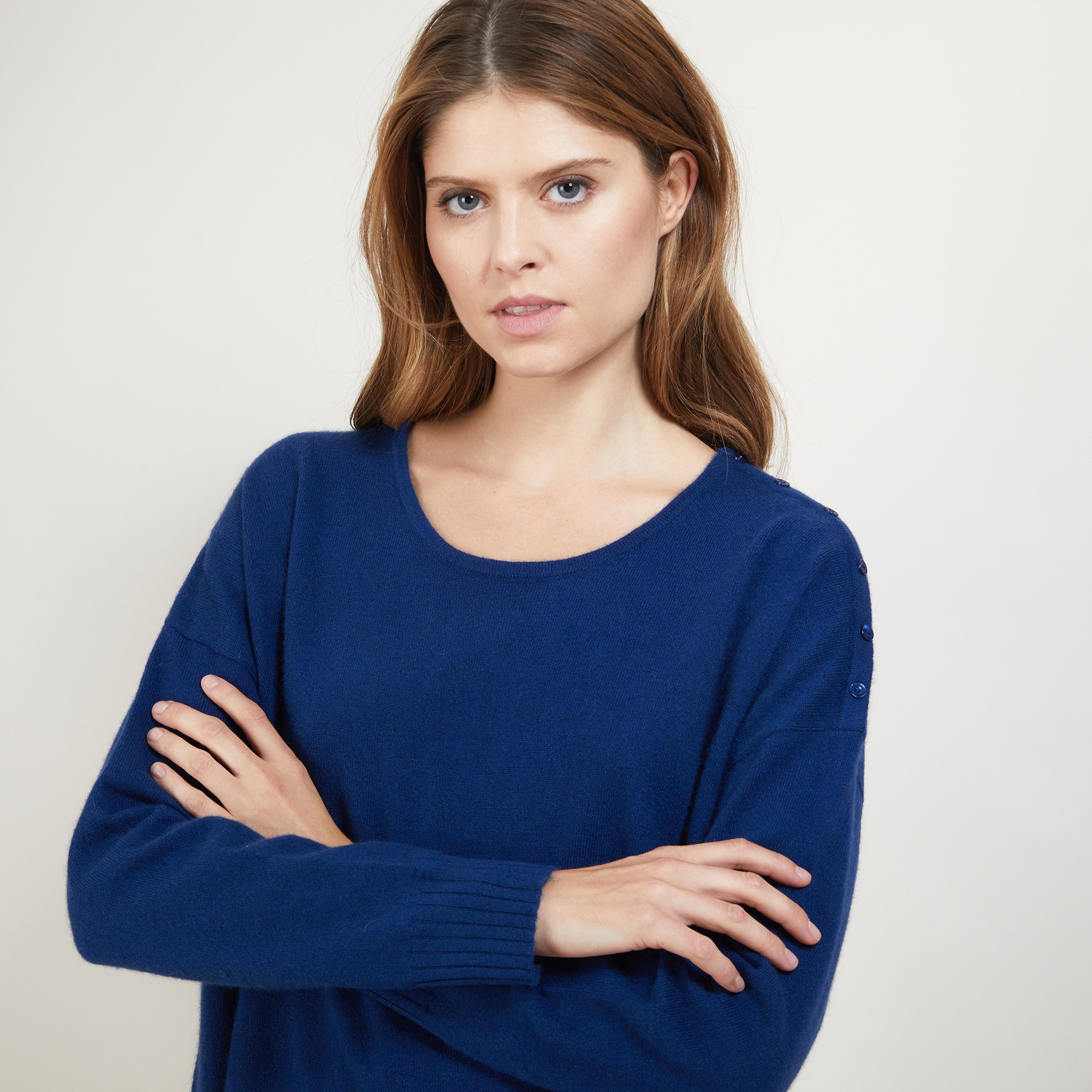Pull ample en cachemire boutons épaule - Brook 7042 fregate - 03 Bleu foncé