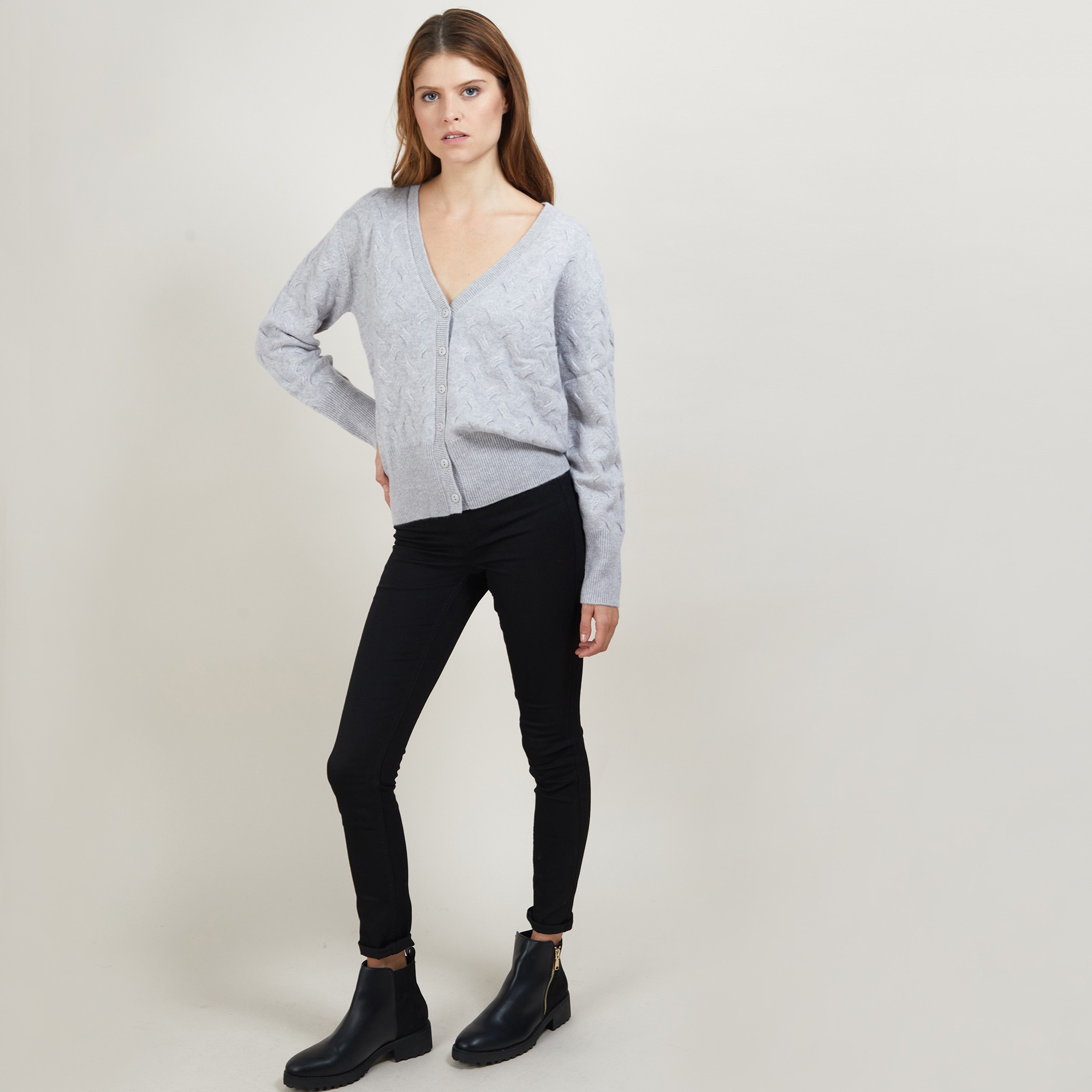 Cardigan à fantaisie de torsades en cachemire - Fiona 7013 vapeur - 09 Gris moyen