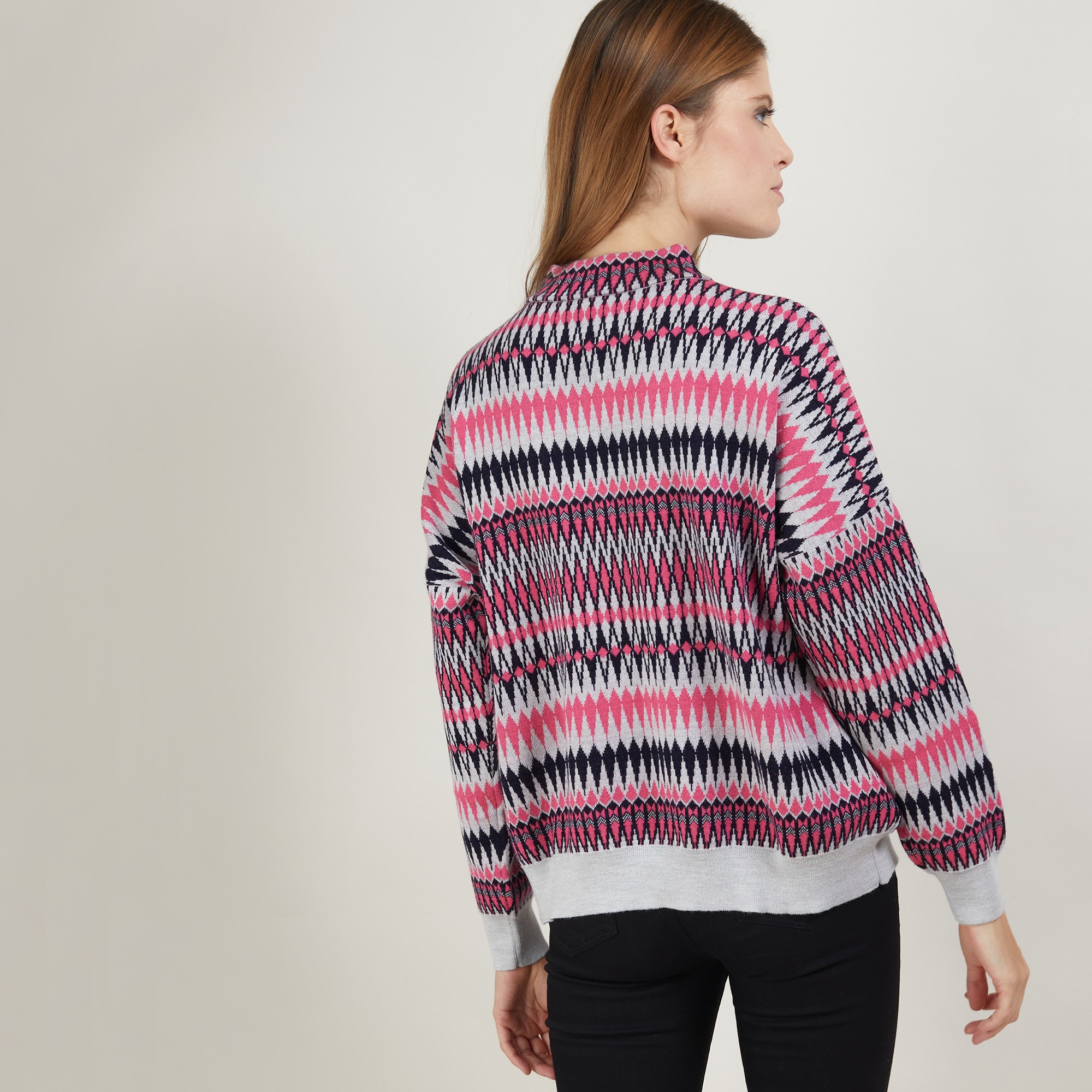Pull motifs aztèques en  laine - Fidji 7159 marine/vapeur/pivoine 05 Bleu marine
