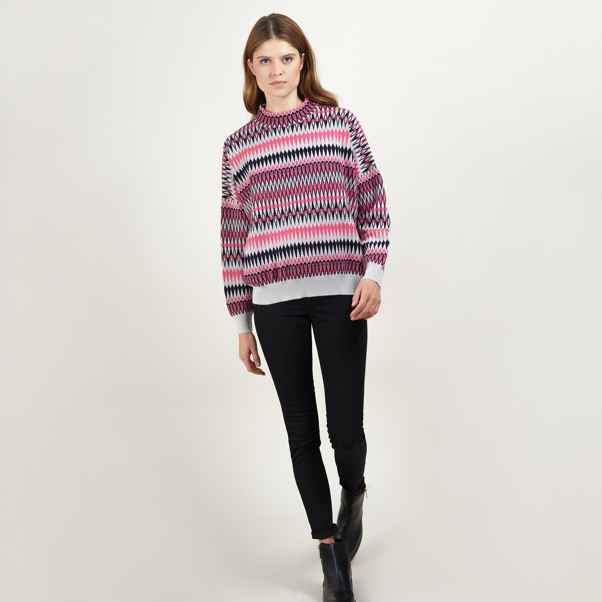 Pull motifs aztèques en  laine - Fidji 7159 marine/vapeur/pivoine 05 Bleu marine