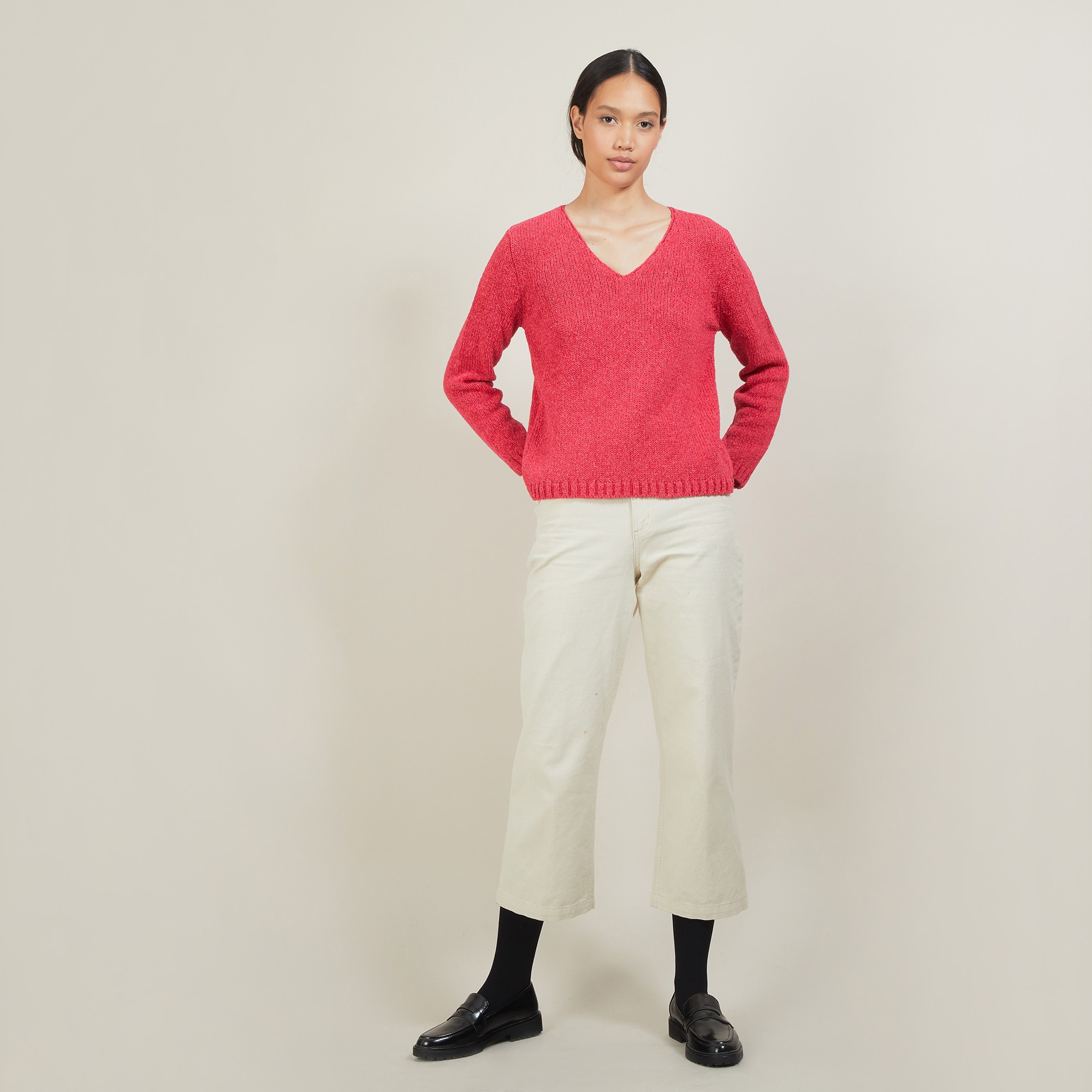 Pull col v en laine et soie - Blovis 7083 pivoine - 26 Rose foncé