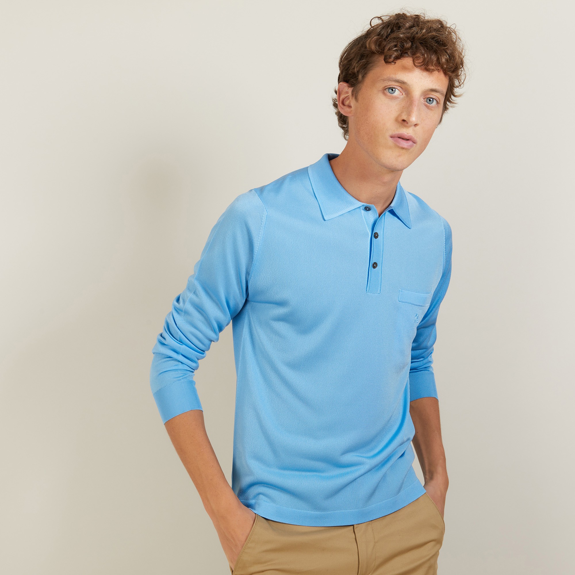 Polo manches longues homme en Fil Lumière Boris 2750 perruche - 06 Bleu moyen 