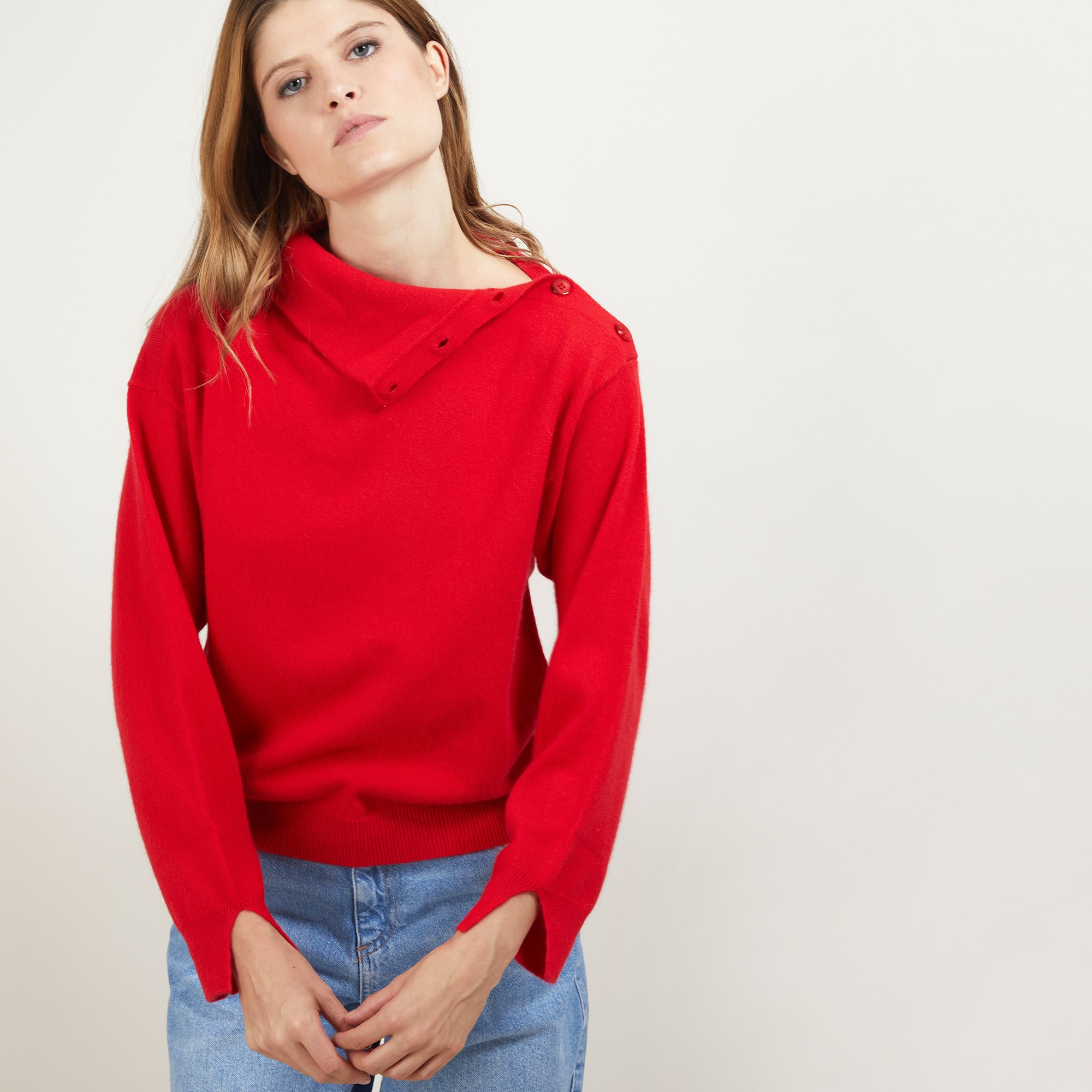Pull col boutonné en cachemire - Gretel bis 7080 dahlia - 52 Rouge