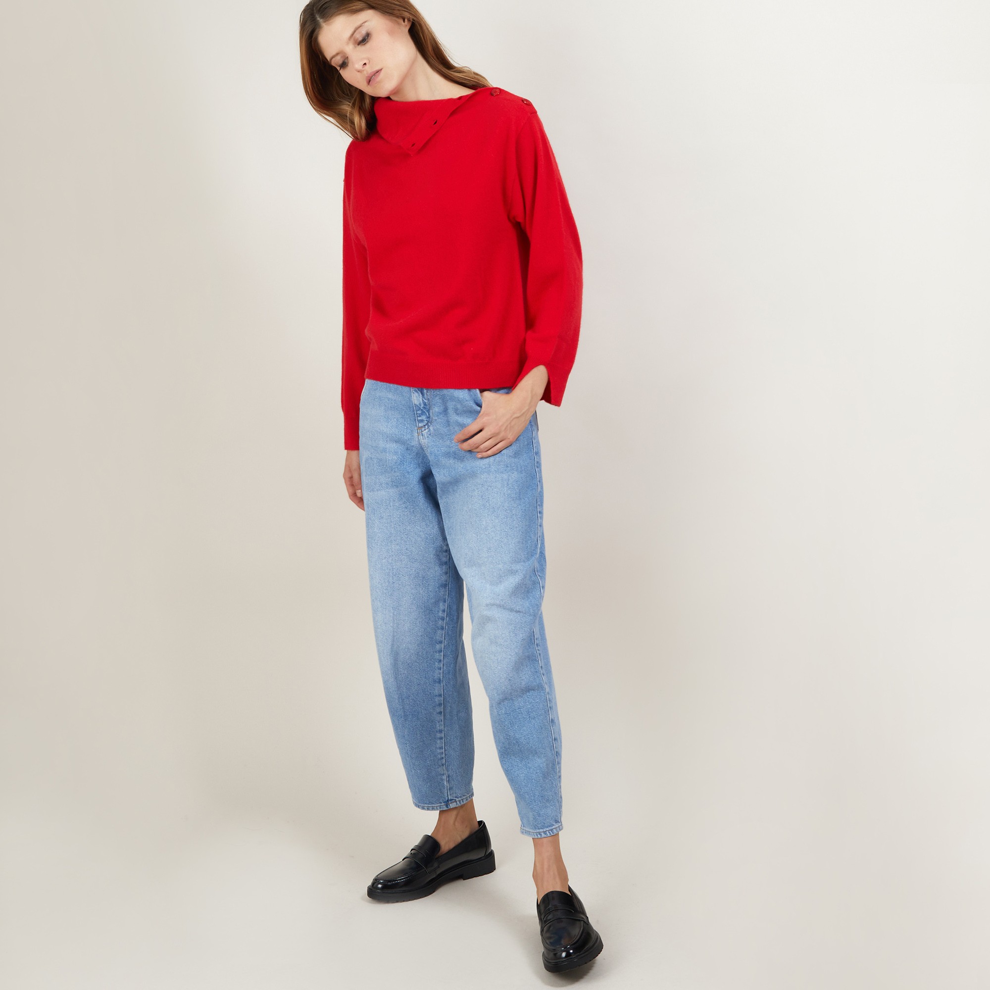 Pull col boutonné en cachemire - Gretel bis 7080 dahlia - 52 Rouge