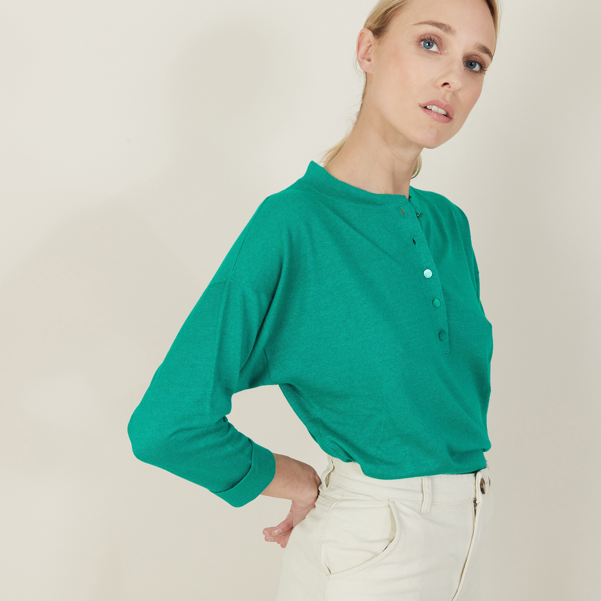 Pull col boutonné en lin cachemire - Naza 7250 veronese - 22 Vert moyen