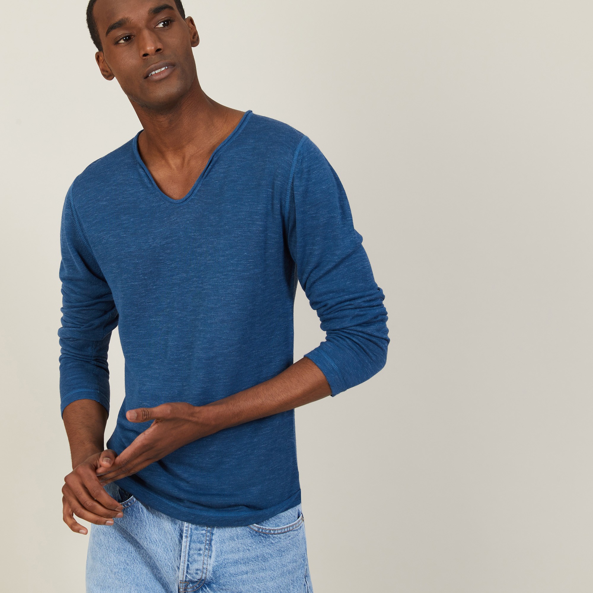 T-shirt col tunisien en lin flammé - Blayne 7241 corsaire - 06 Bleu moyen