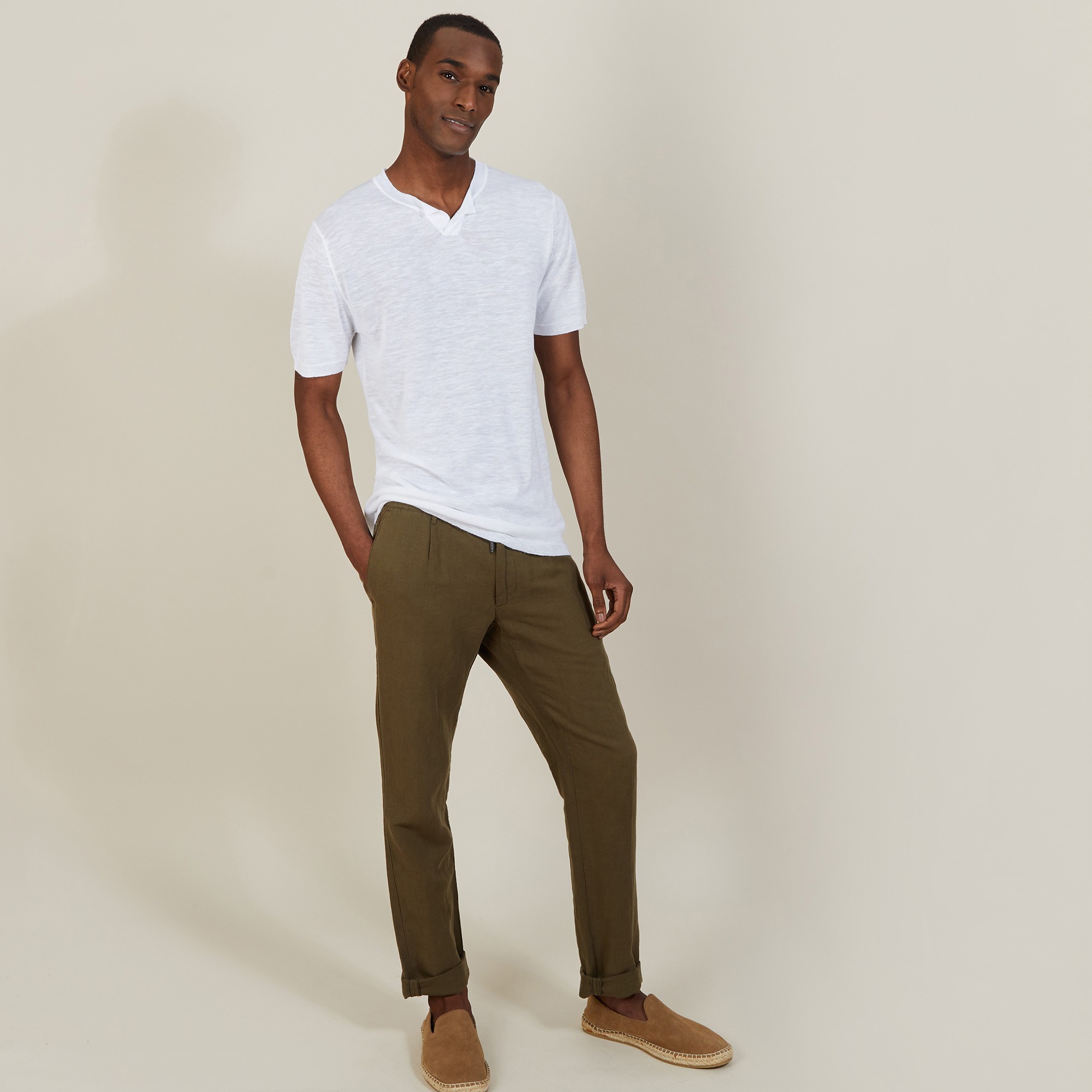 T-shirt col tunisien en lin flammé - Baraka 7200 blanc - 02 Blanc