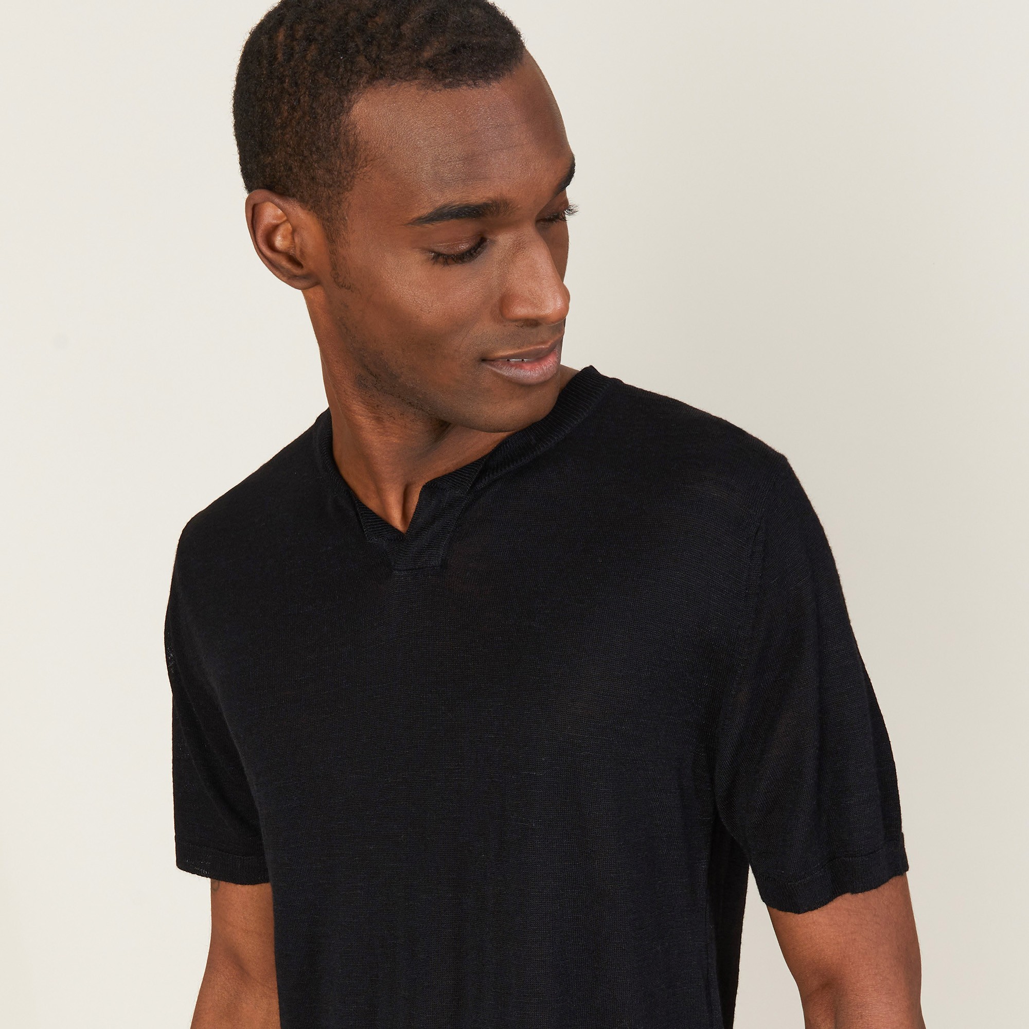 T-shirt col tunisien en lin flammé - Baraka 7210 noir - 01 Noir