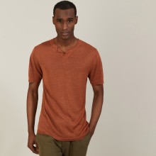 T-shirt col tunisien en lin flammé - Baraka 7230 epice - 46 Marron clair