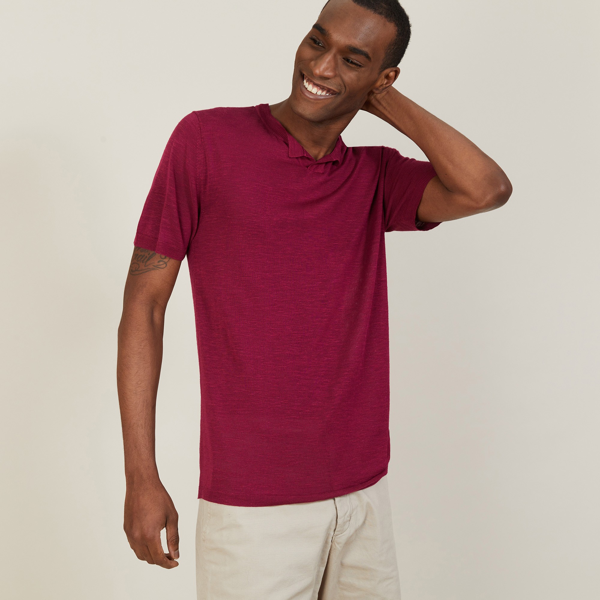 T-shirt col tunisien en lin flammé - Baraka 7282 rubis - 51 Bordeaux