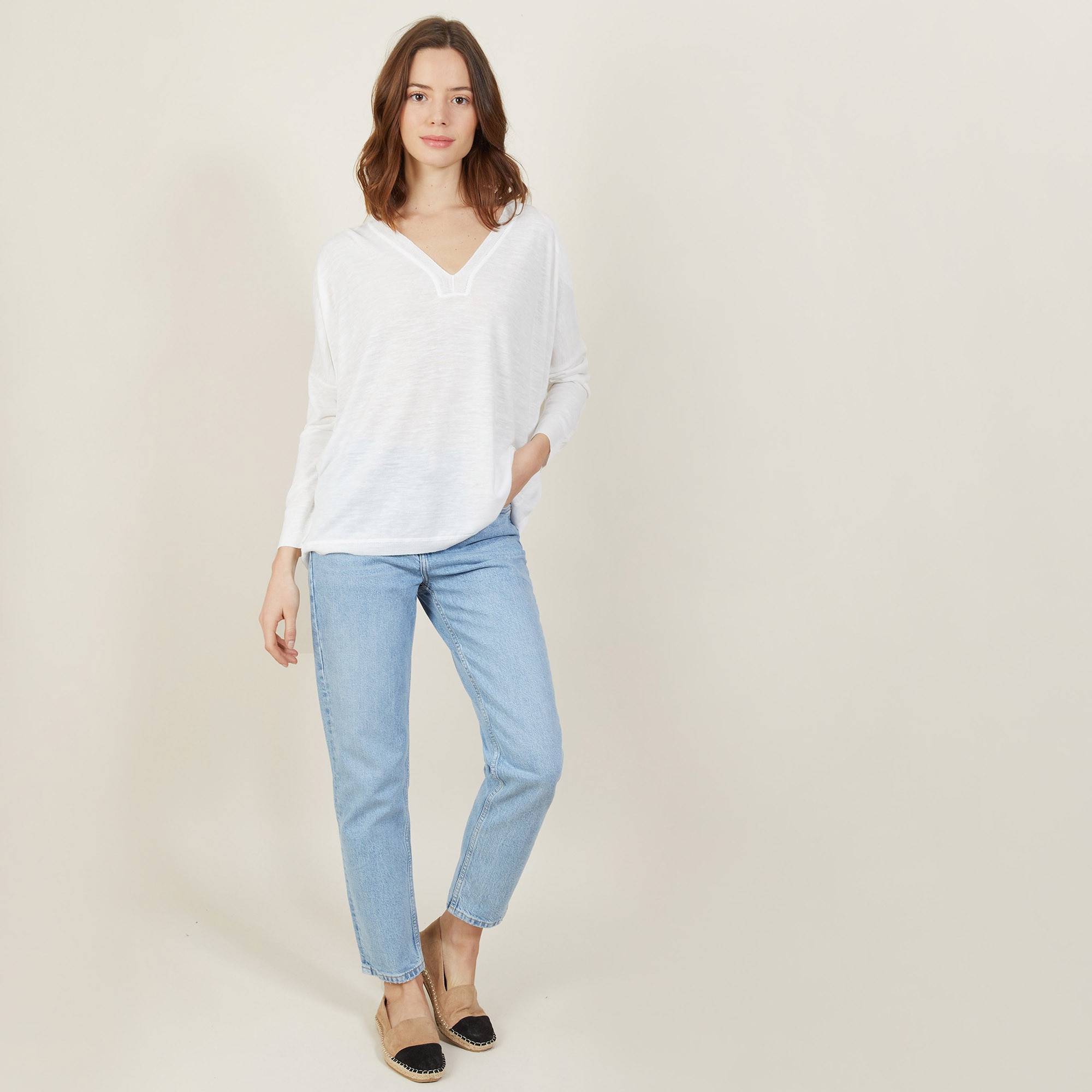 T-shirt ample col v en lin flammé - Beja 7200 blanc - 02 Blanc