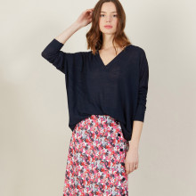 T-shirt ample col v en lin flammé - Beja 7240 marine - 05 Bleu marine