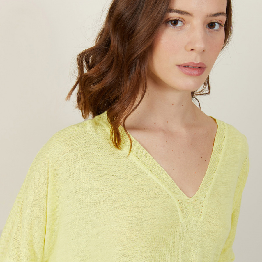 Loose-fit slub linen V-neck T-shirt - Beja