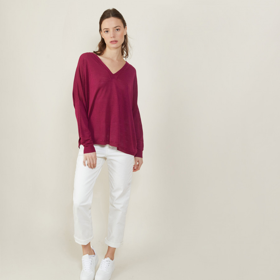 T-shirt ample col v en lin flammé - Beja