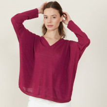 T-shirt ample col v en lin flammé - Beja 7282 rubis - 51 Bordeaux