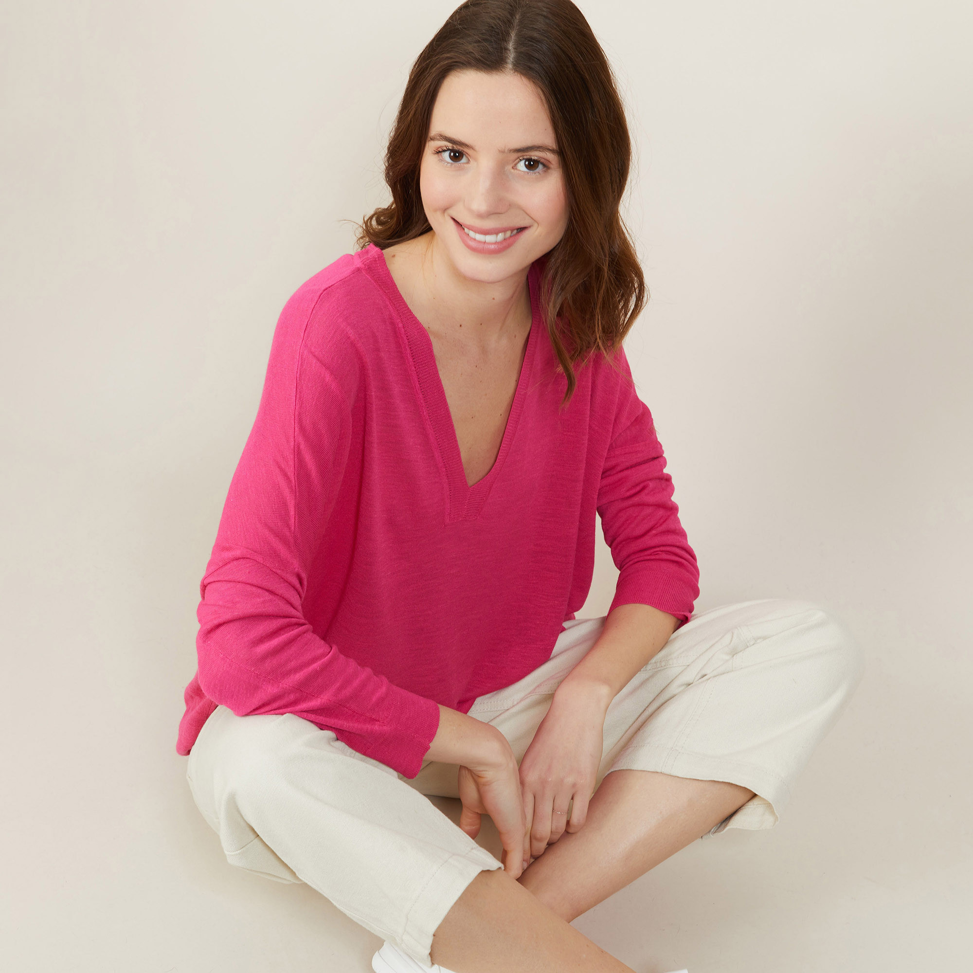 T-shirt ample col v en lin flammé - Beja 7283 corolle - 91 Fuchsia