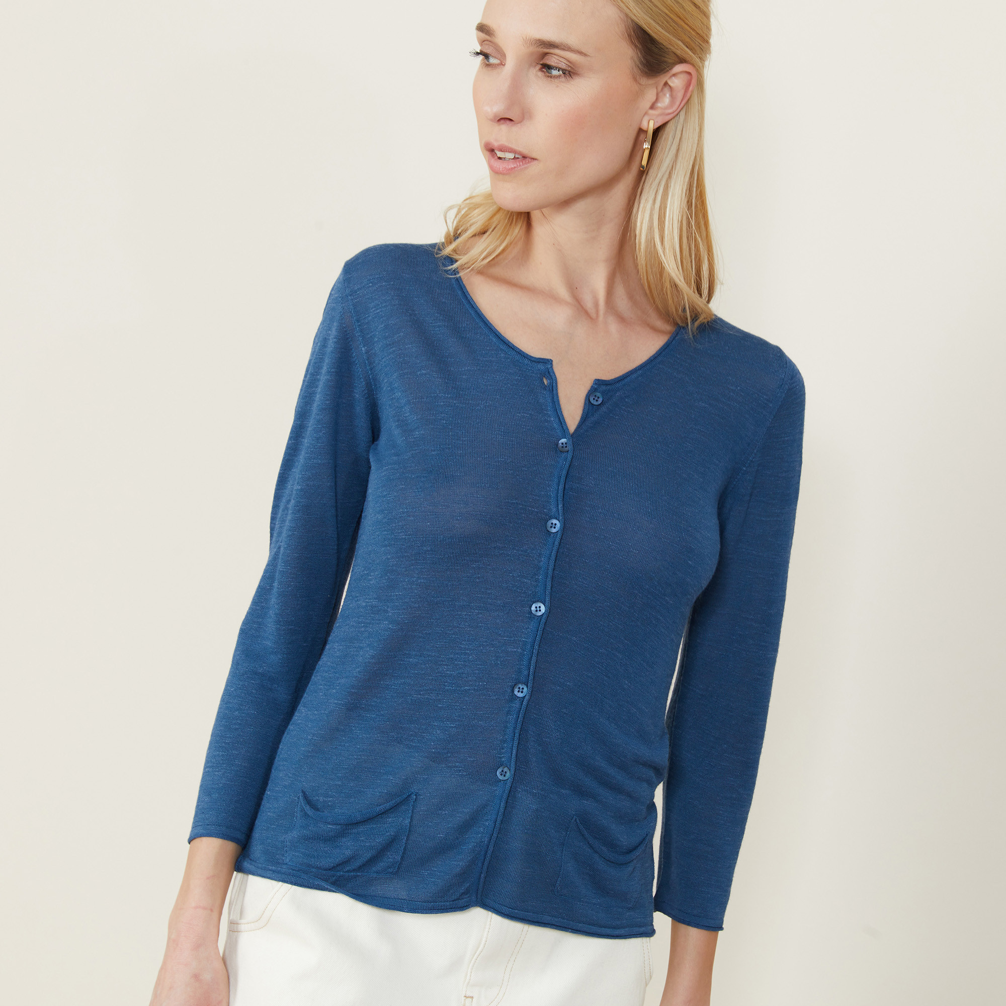 Cardigan à poches en lin flammé - Bao 7241 corsaire - 06 Bleu moyen