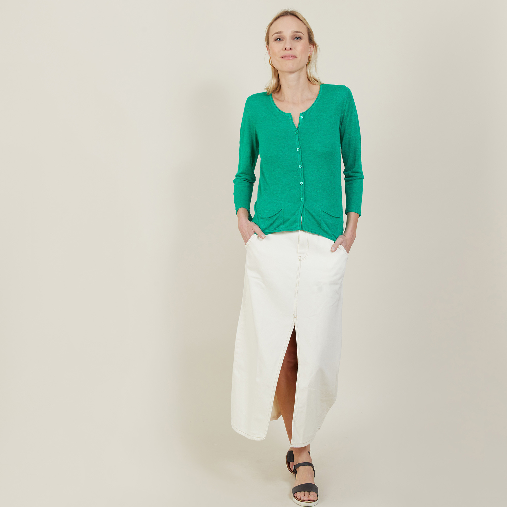 Cardigan à poches en lin flammé - Bao 7250 veronese - 22 Vert moyen