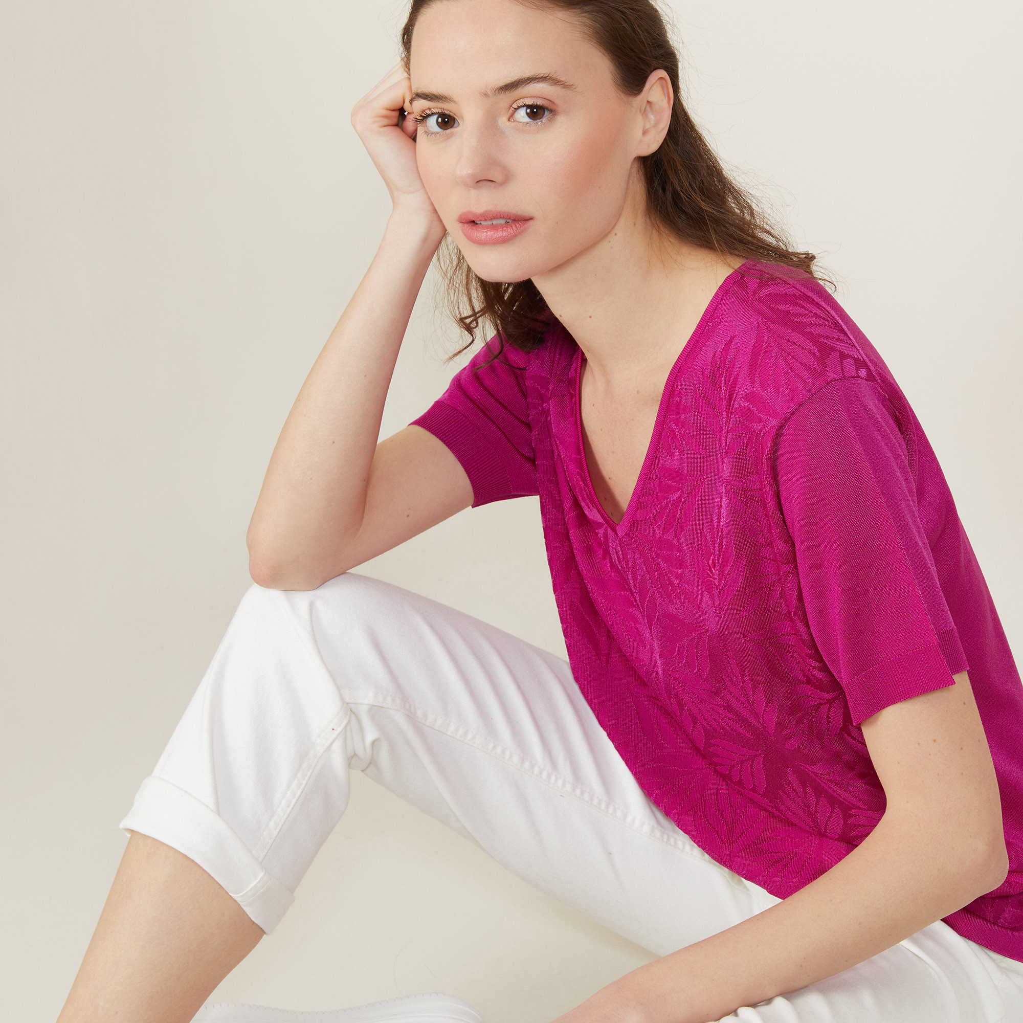 T-shirt col V à motifs en Fil Lumière - Amy 2713 love - 79 Rose vif