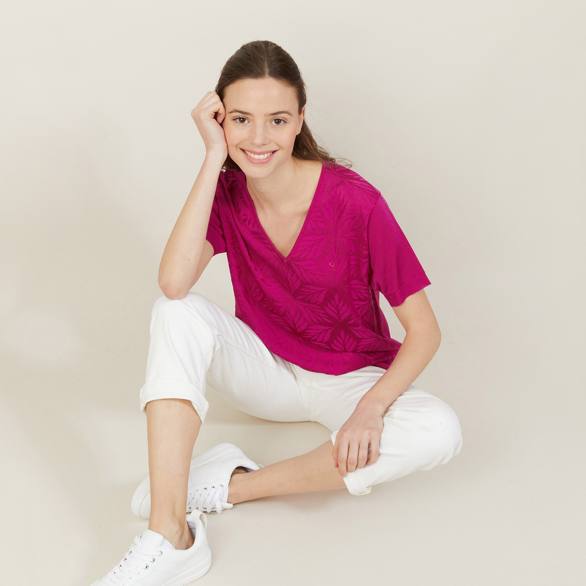 T-shirt col V à motifs en Fil Lumière - Amy 2713 love - 79 Rose vif