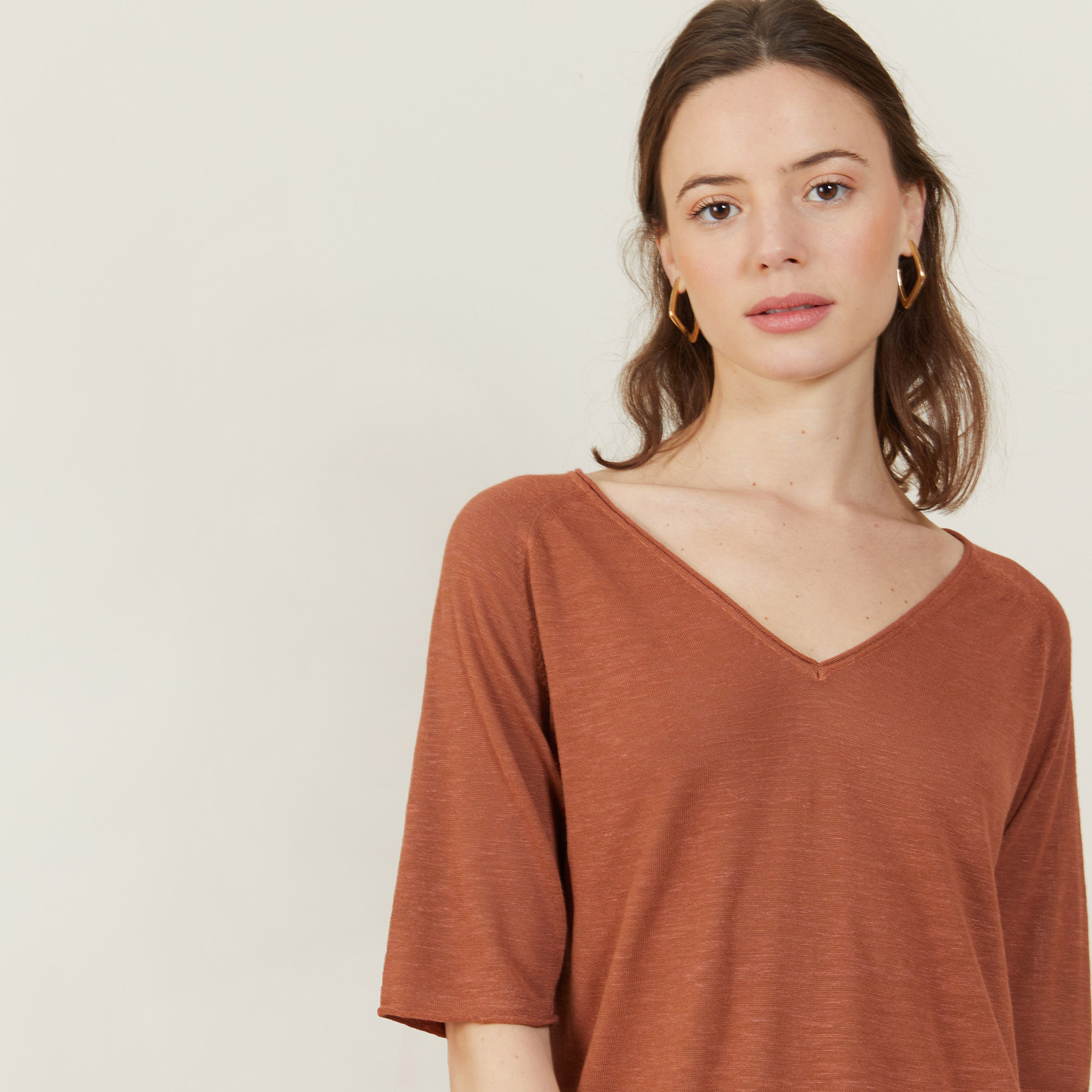 T-shirt manches coudes en lin flammé - Bonbon 7230 epice -  46 Marron clair