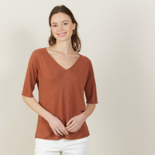 T-shirt manches coudes en lin flammé - Bonbon 7230 epice -  46 Marron clair