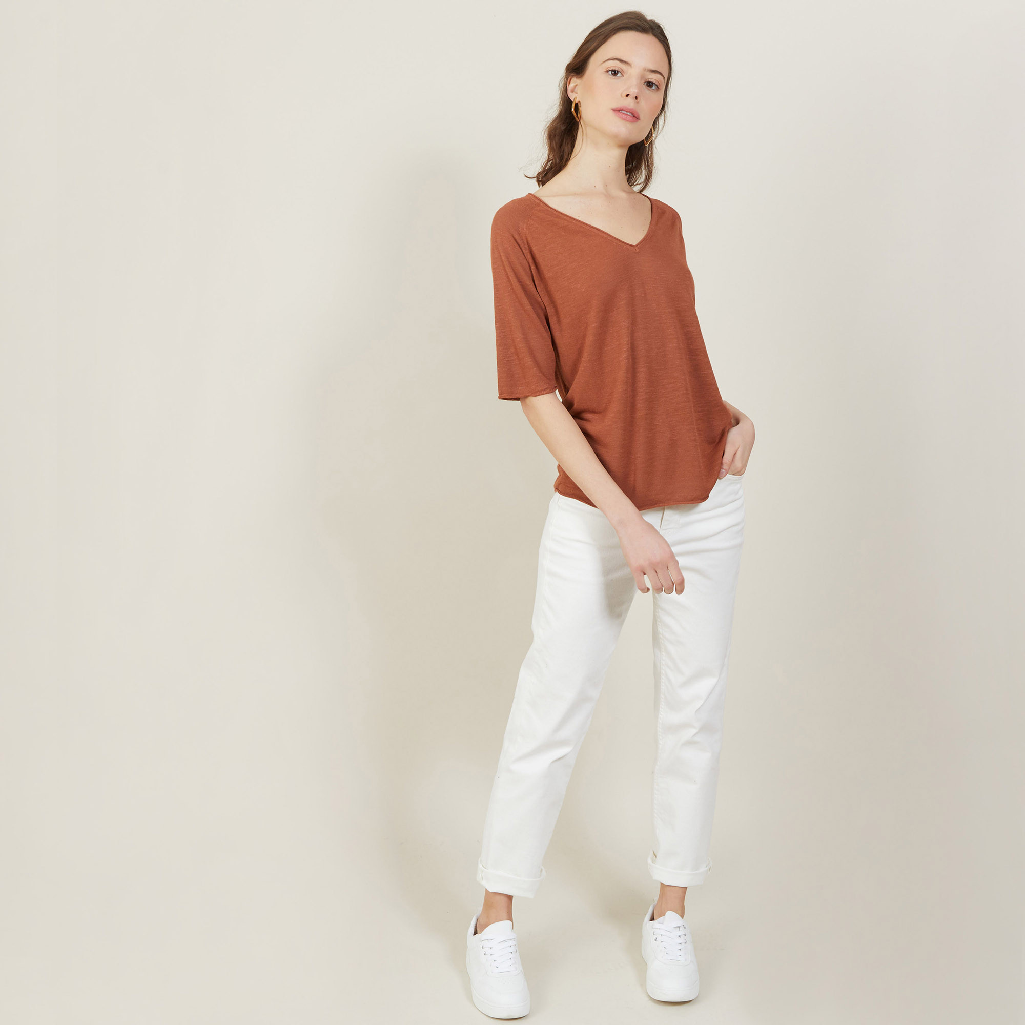 T-shirt manches coudes en lin flammé - Bonbon 7230 epice -  46 Marron clair