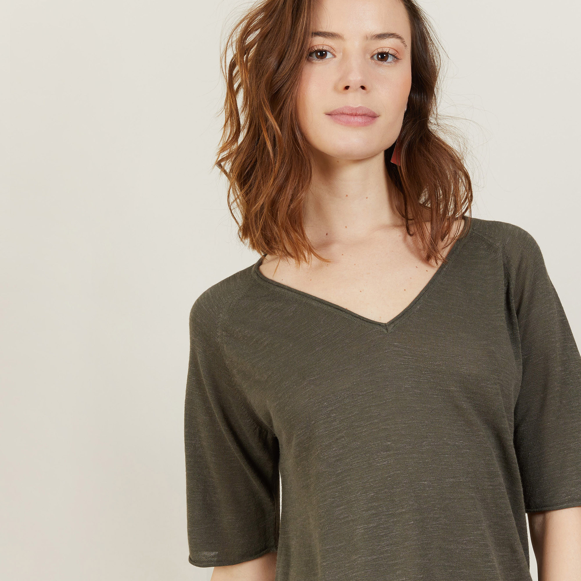 T-shirt manches coudes en lin flammé - Bonbon 7212 fusain - 83 Kaki