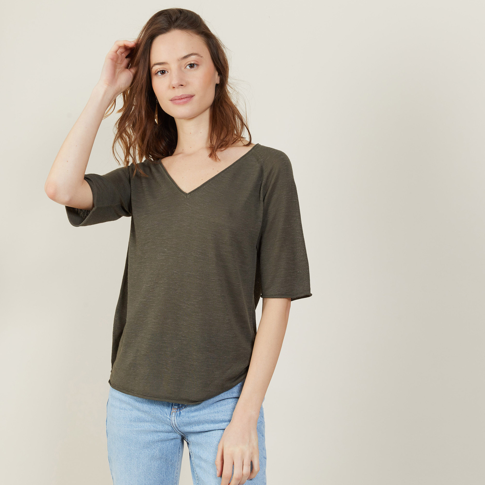 T-shirt manches coudes en lin flammé - Bonbon 7212 fusain - 83 Kaki