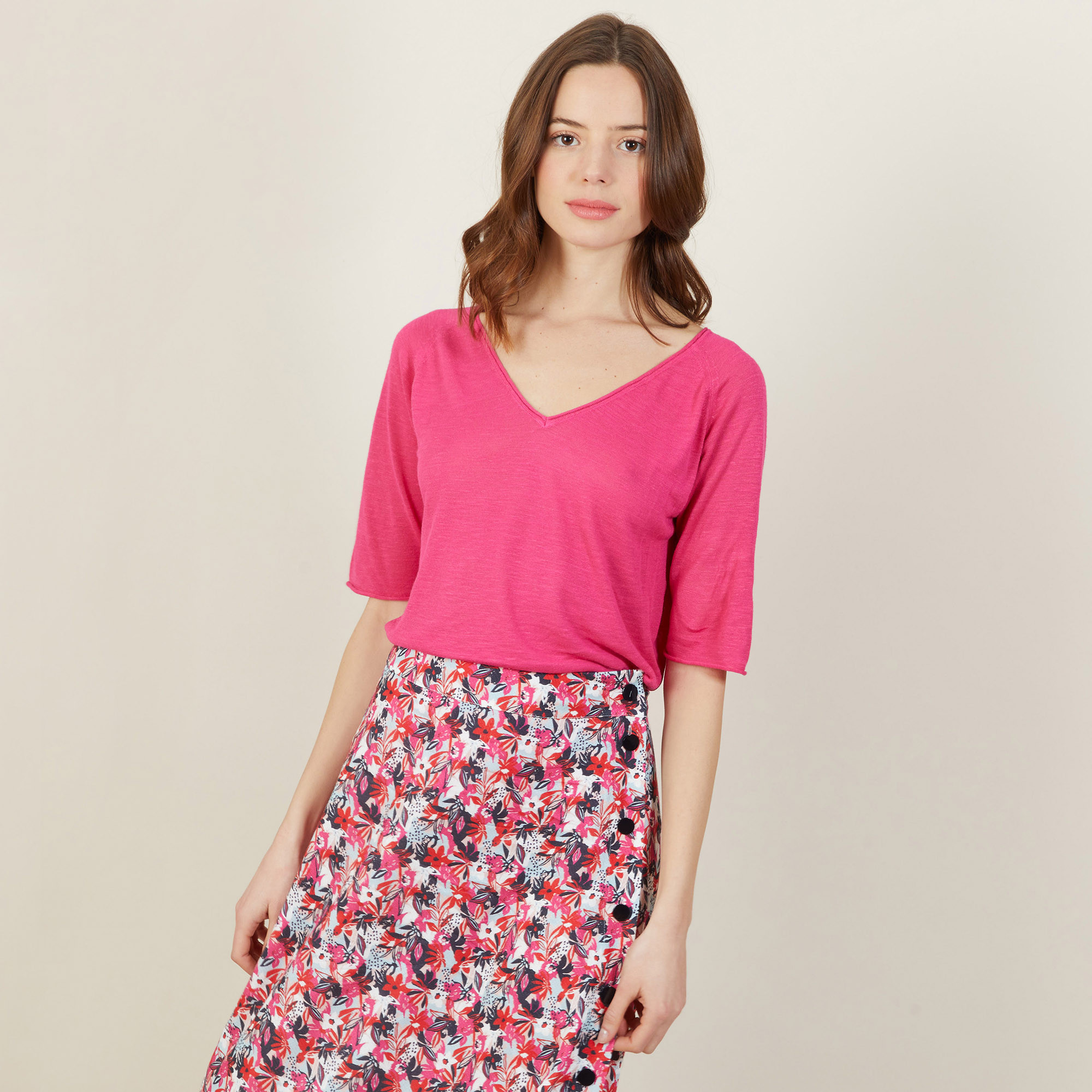 T-shirt manches coudes en lin flammé - Bonbon 7283 corolle - 91 Fuchsia