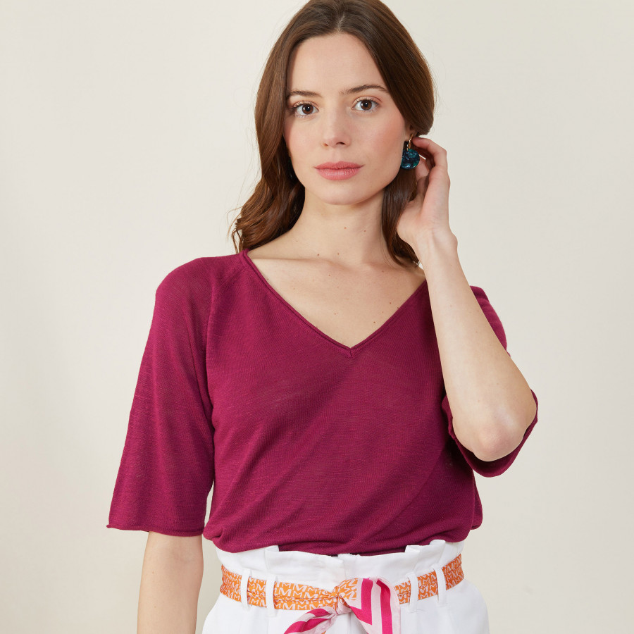 T-shirt manches coudes en lin flammé - Bonbon