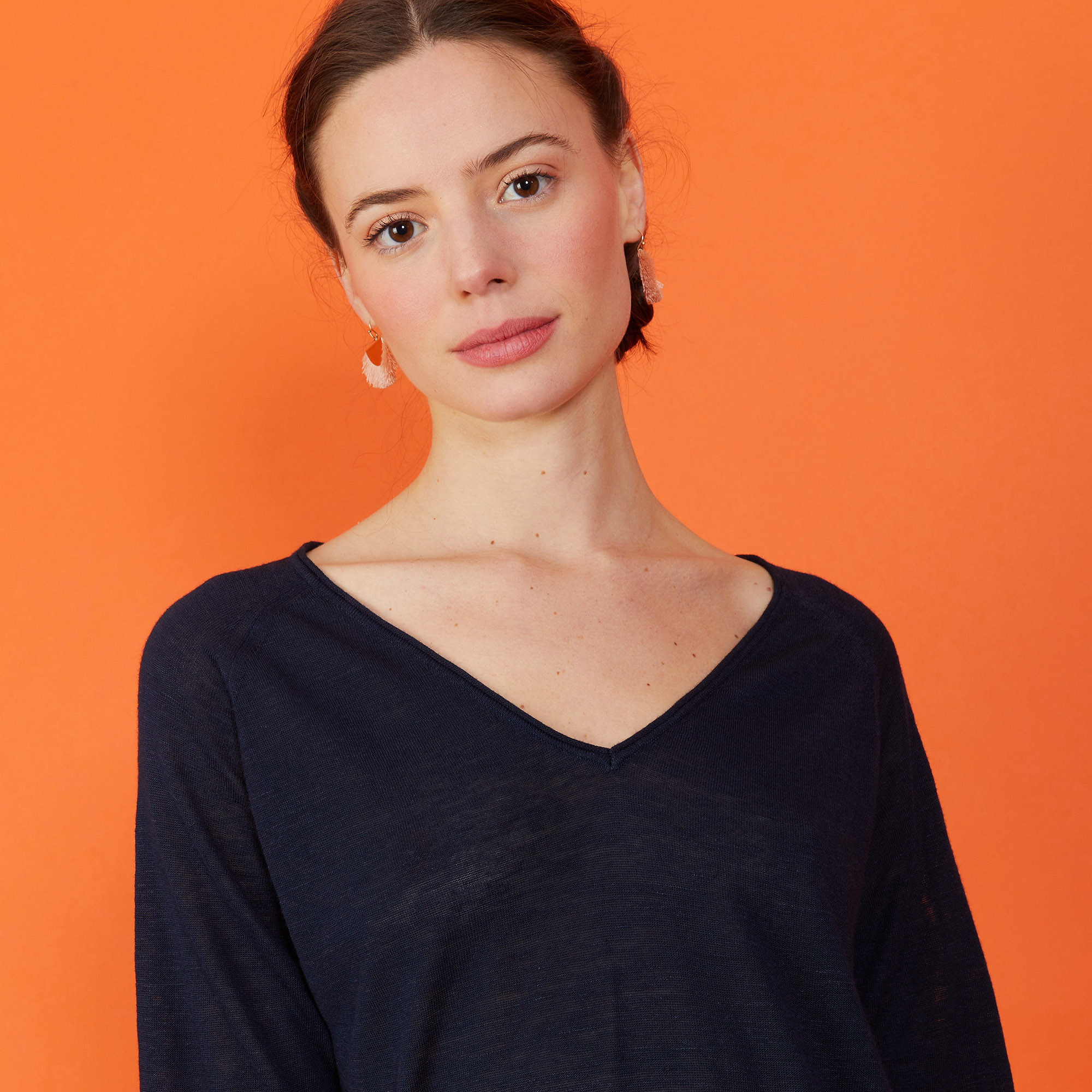 T-shirt manches coudes en lin flammé - Bonbon 7240 marine - 05 Bleu marine