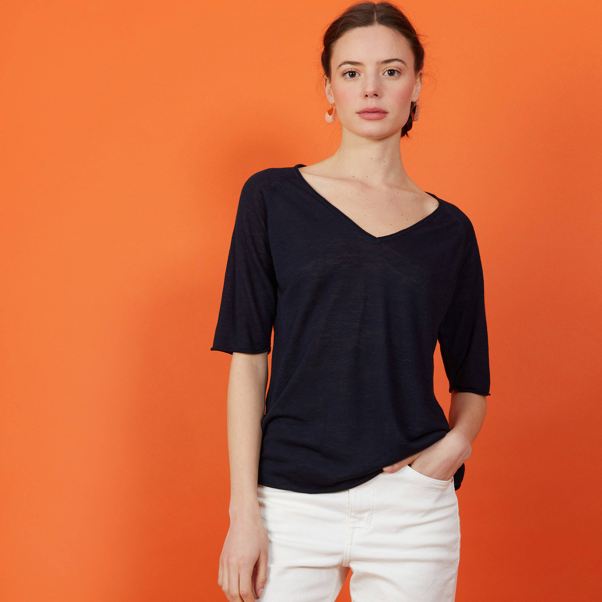 T-shirt manches coudes en lin flammé - Bonbon 7240 marine - 05 Bleu marine