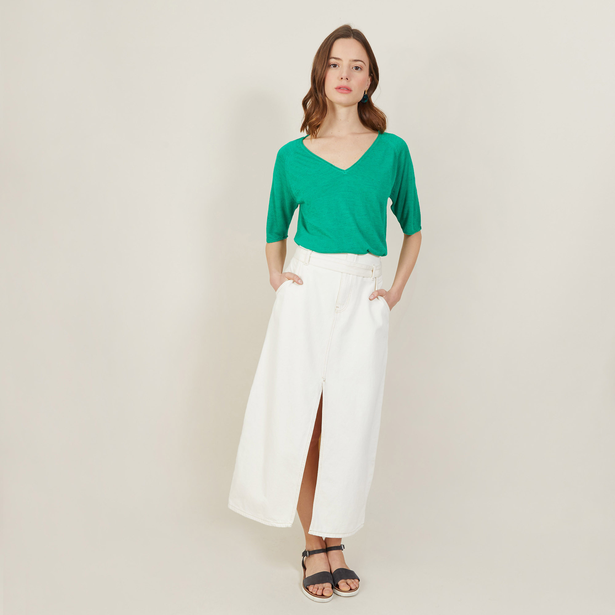 T-shirt manches coudes en lin flammé - Bonbon 7250 veronese - 22 Vert moyen