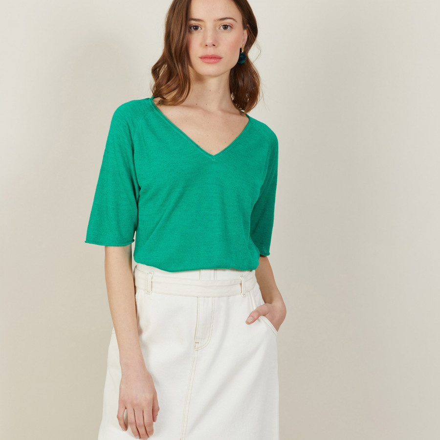 T-shirt manches coudes en lin flammé - Bonbon