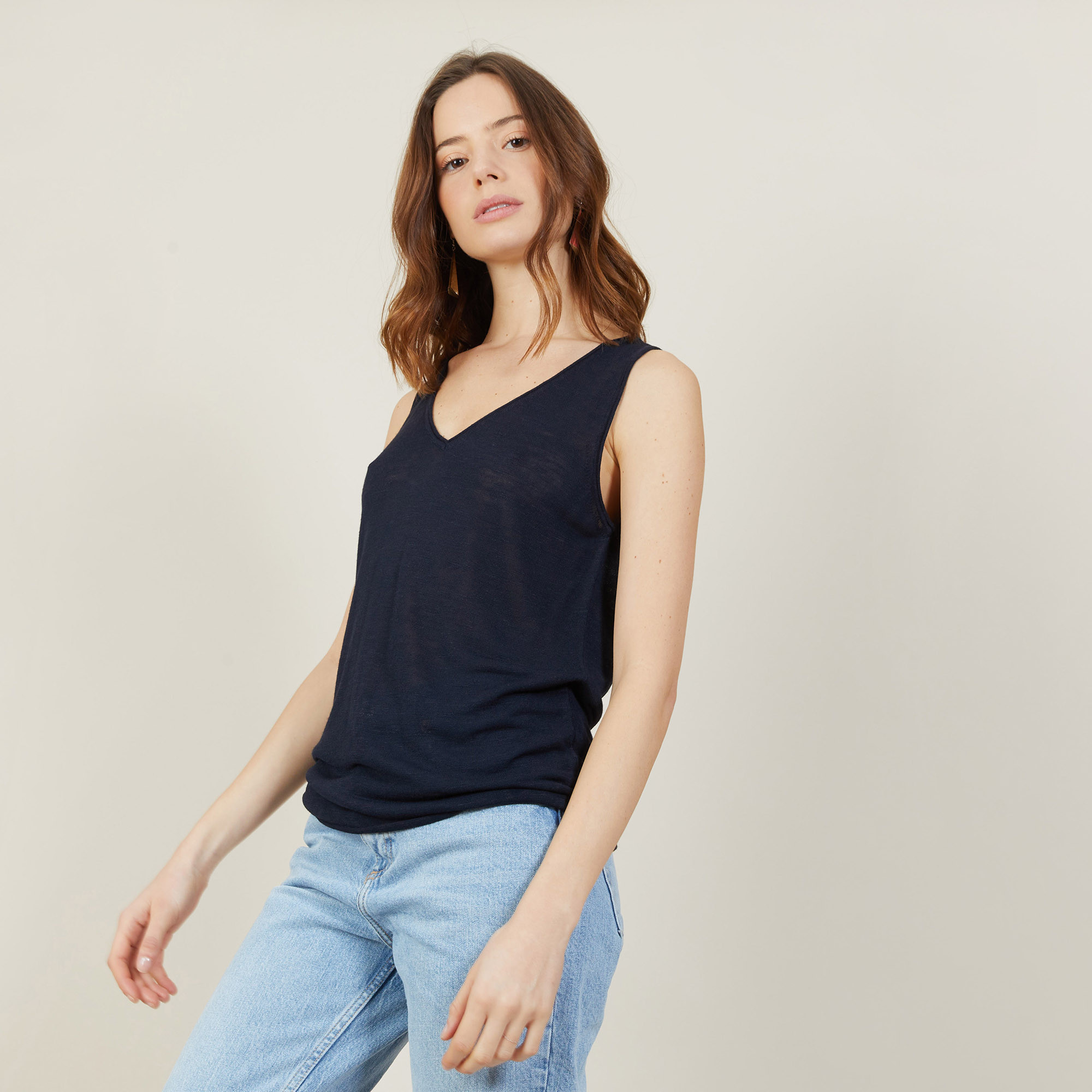 Débardeur col V en lin flammé - Boréal 7240 marine - 05 Bleu marine
