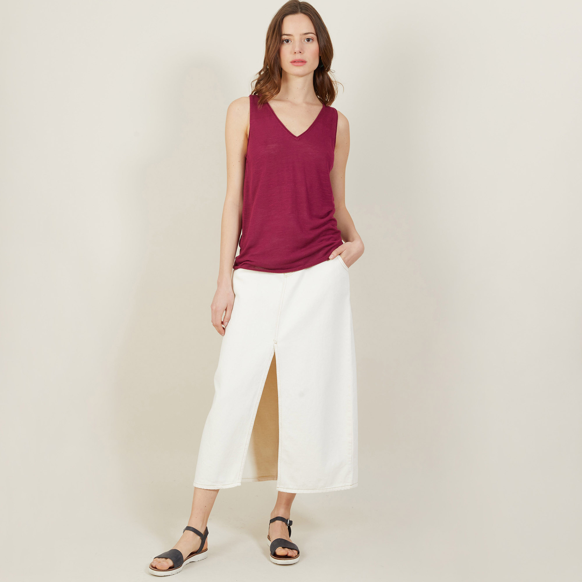 Débardeur col V en lin flammé - Boréal 7282 rubis - 51 Bordeaux