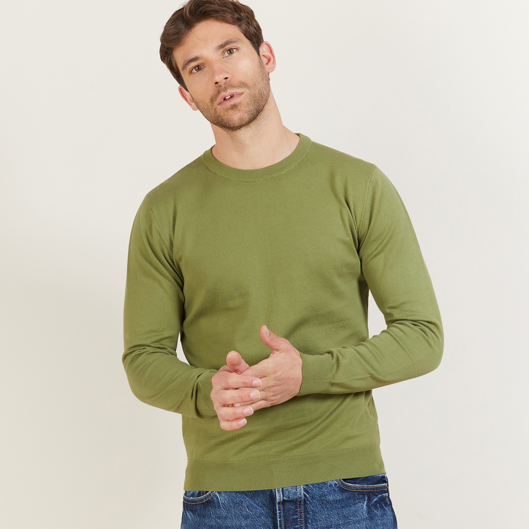 Pull col rond en coton - Balboa 6851 maquis - 83 Kaki