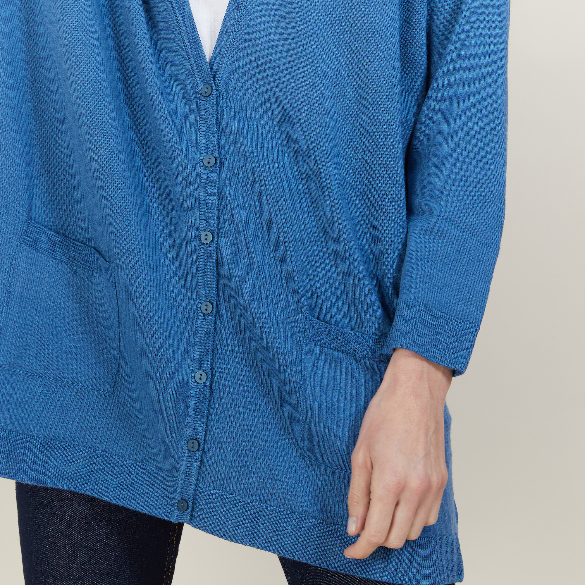 Long gilet en laine avec poches - Anne-Sophie 6141 Indigo - 06 Bleu moyen