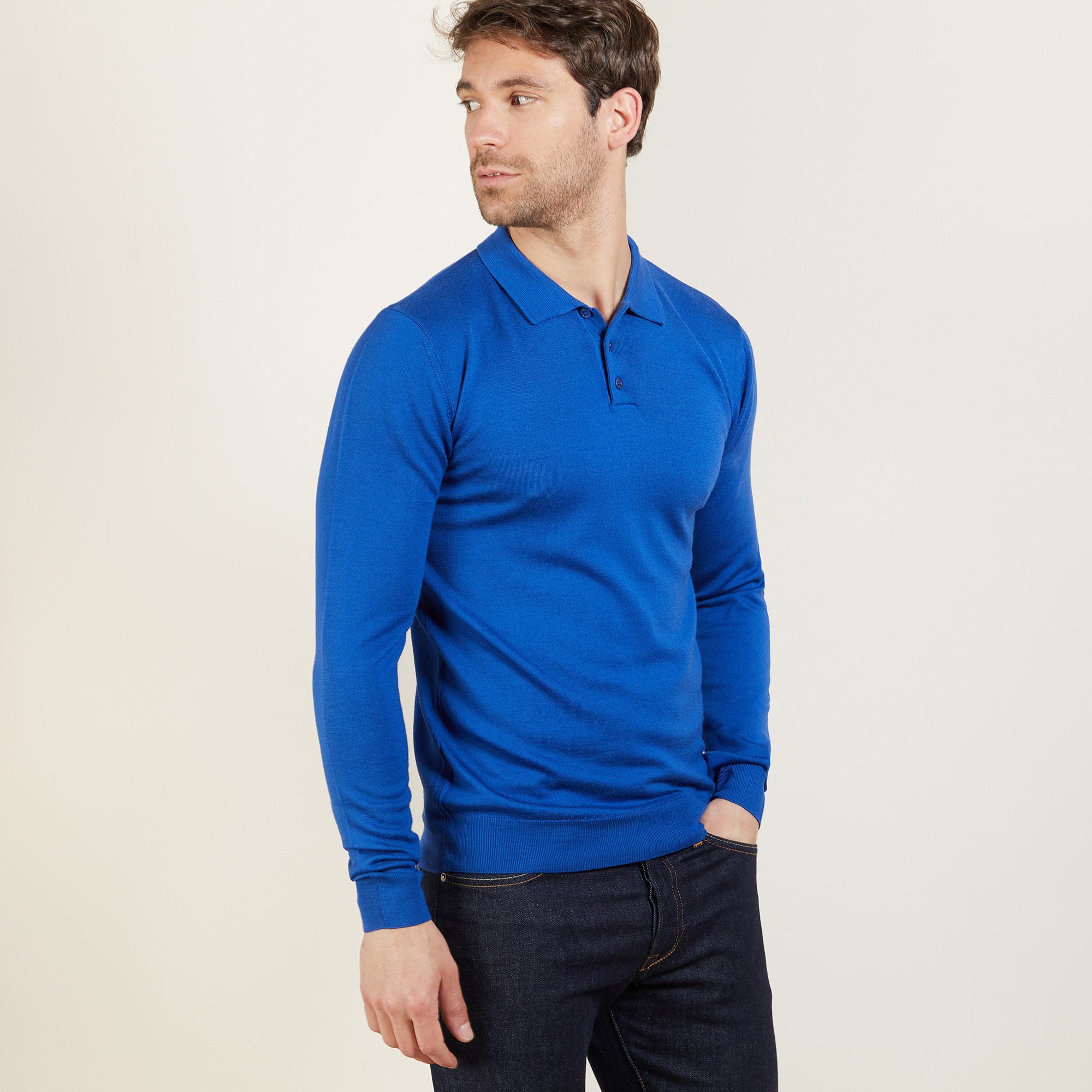 Polo manches longues en laine mérinos - Beryl 6143 saphir - 48 Bleu roi