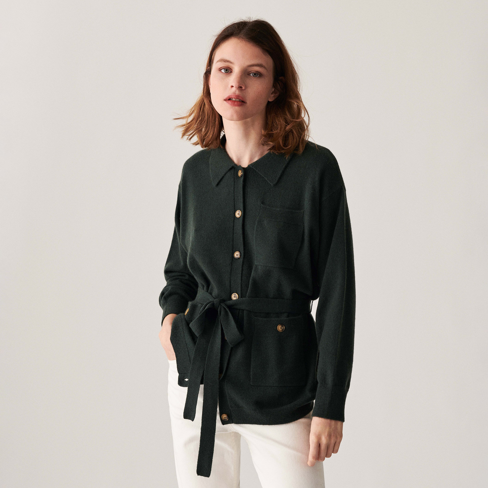 Veste boutonnée en cachemire col polo - Clemence 7451 bronze - 83 Kaki