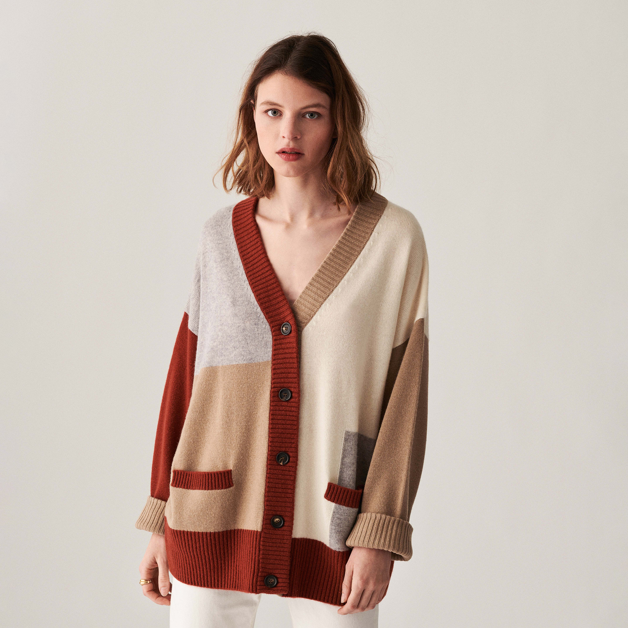 Long cardigan boutonné en cachemire - Delia 7521 SABLE MULTI