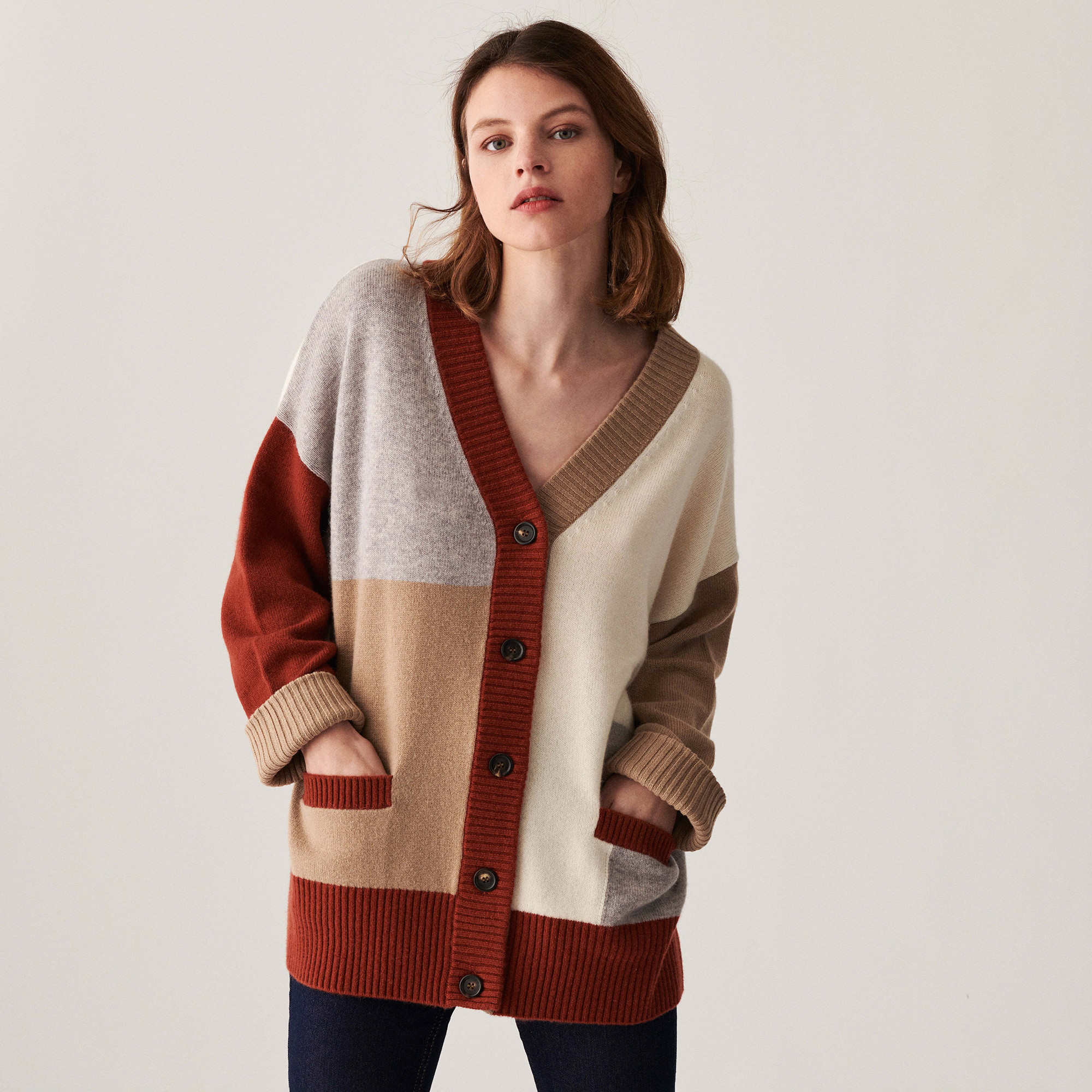 Long cardigan boutonné en cachemire - Delia 7521 SABLE MULTI
