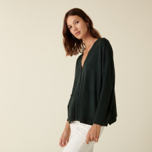 Cardigan boutonné à poches en laine mérinos - Ava 7451 bronze - 83 Kaki