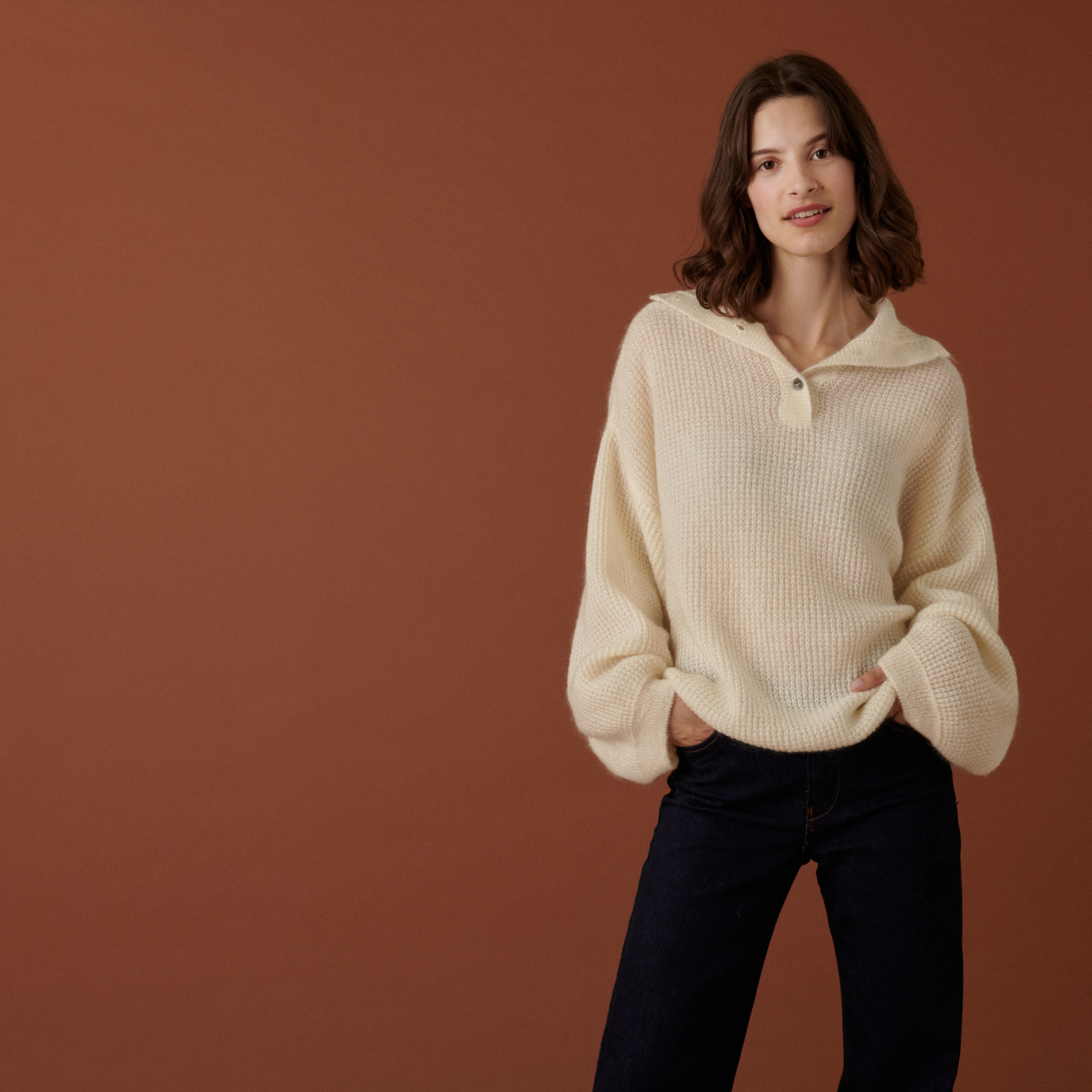 Pull oversize boutonné en mohair - Clea 7403 ecru - 82 Ecru