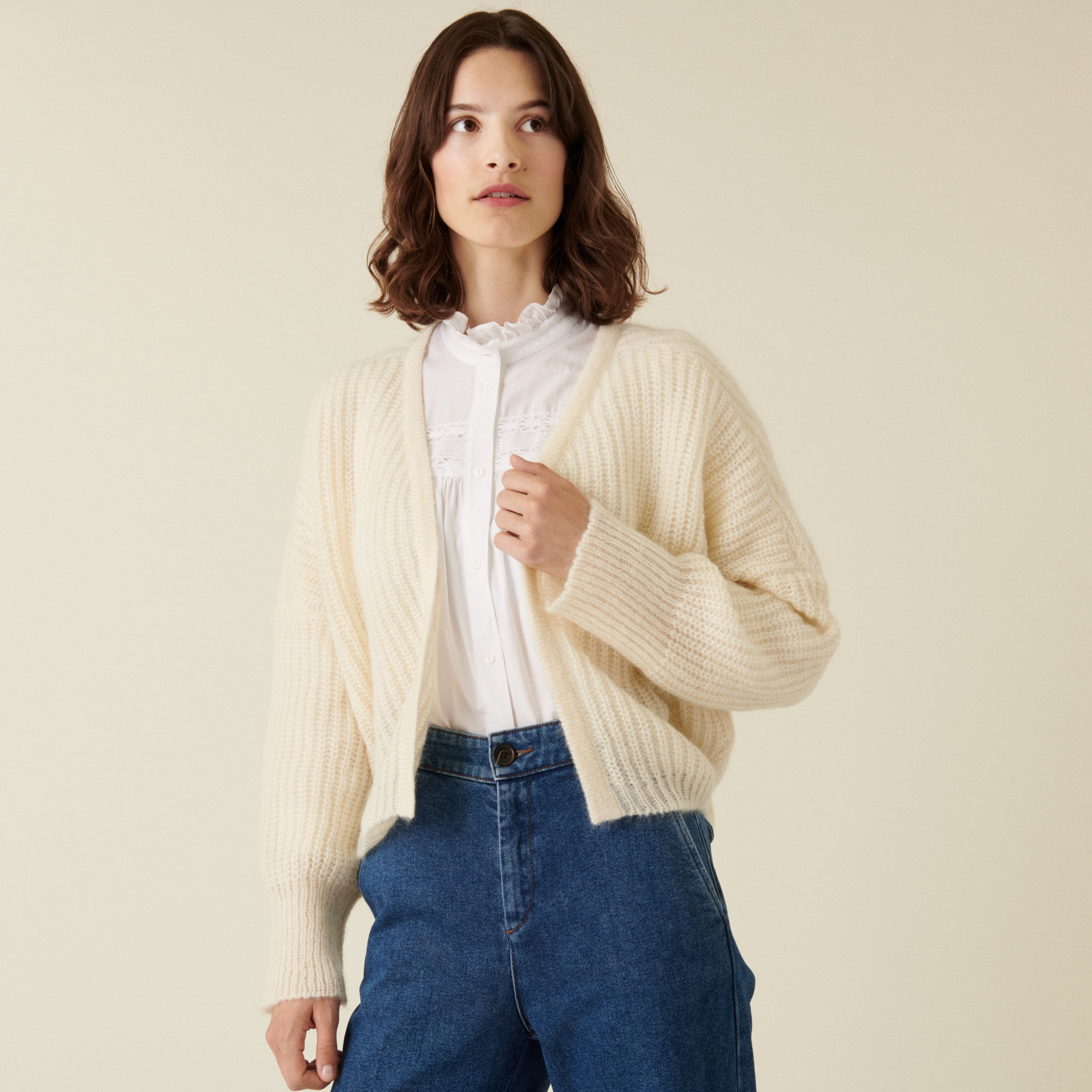 Gilet à côtes perlées en mohair - Camille 7403 ecru - 82 Ecru