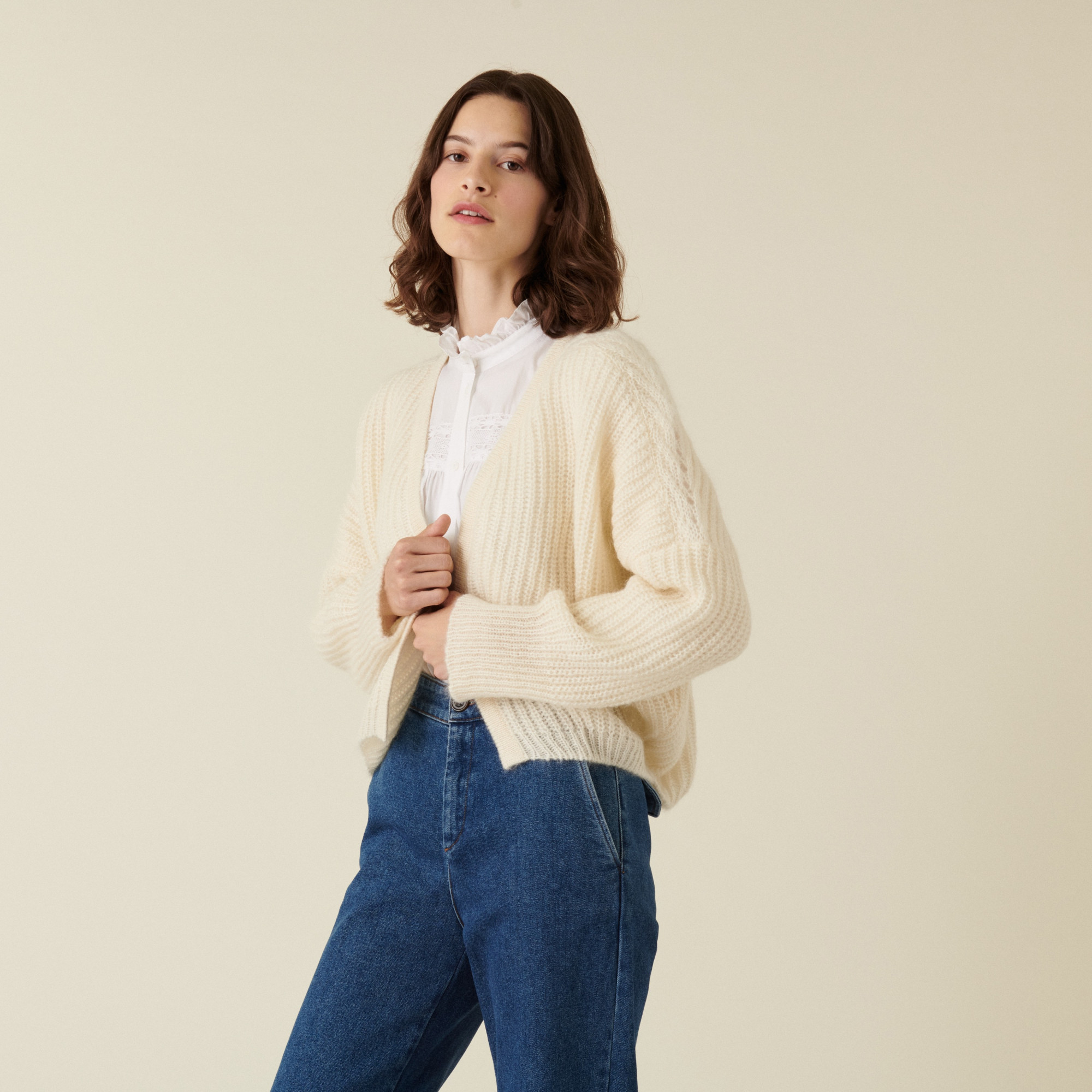 Gilet à côtes perlées en mohair - Camille 7403 ecru - 82 Ecru