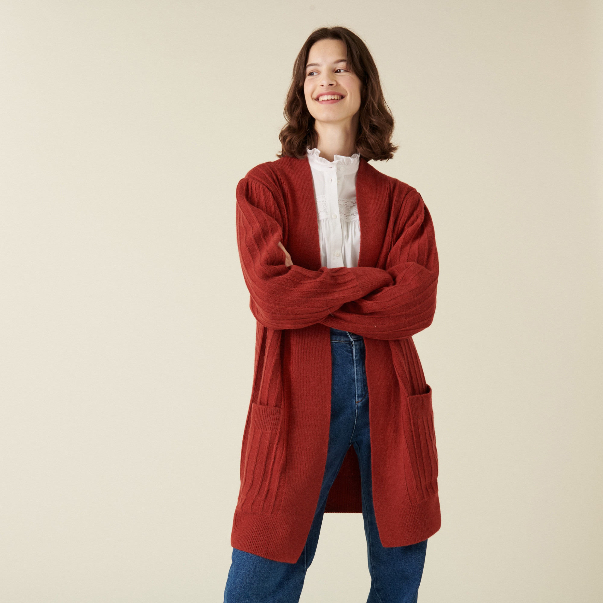 Long gilet en laine alpaga manches ballons - Damy 7485 brique - 20 Rouge foncé